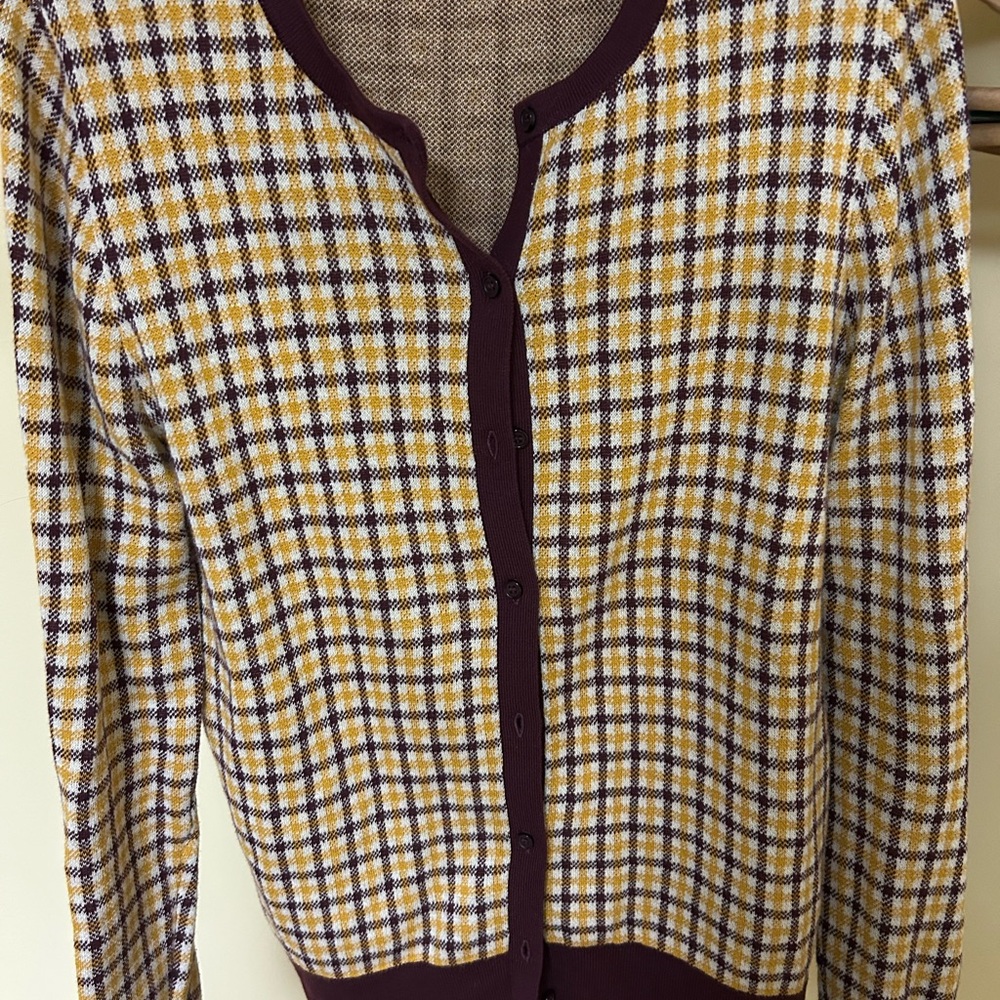 Ann Taylor Plaid Cotton Cardigan Sweater Large Burgundy